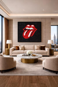 Rhinestone wall art “The Kiss” shown in interior setting – monumental crystal artwork with glass rhinestones