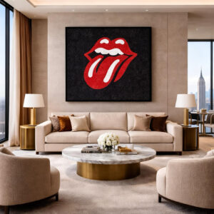 Rhinestone wall art “The Kiss” shown in interior setting – monumental crystal artwork with glass rhinestones